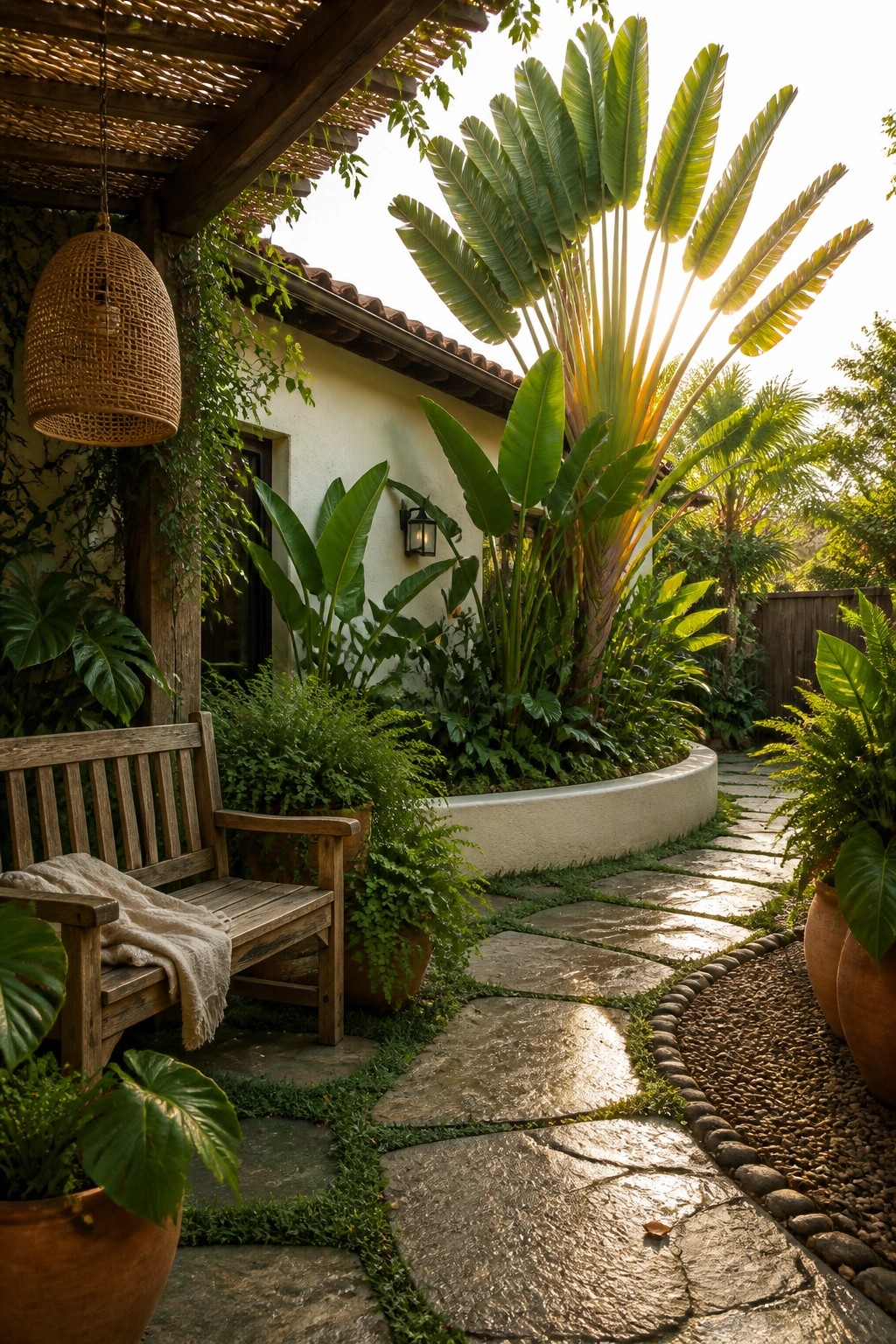 A stone pathway curves through large tropical plants and potted foliage beside a house, with a wooden bench and woven light fixture on the left.
