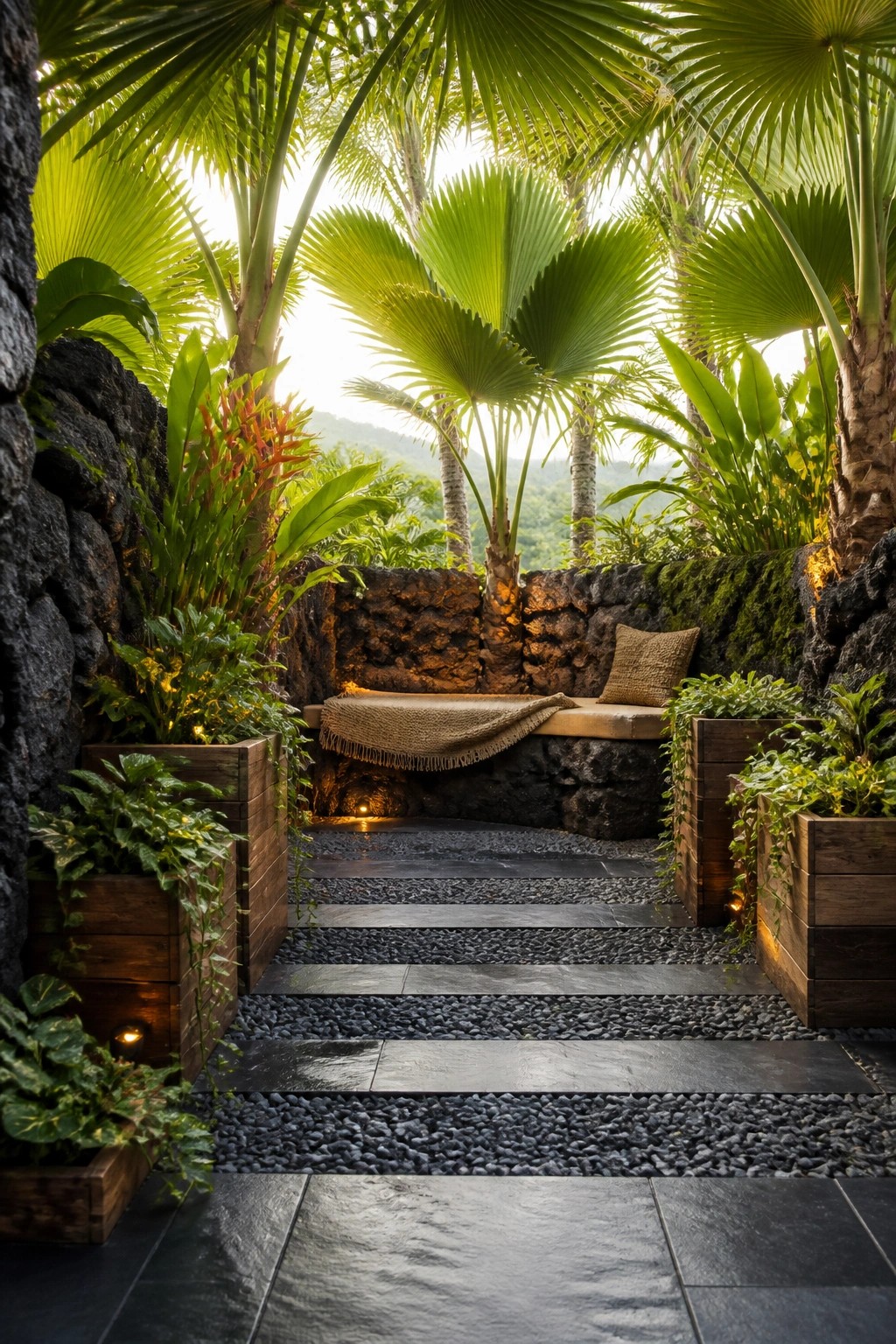 Lush tropical garden path to a stone bench amid palms and planters.