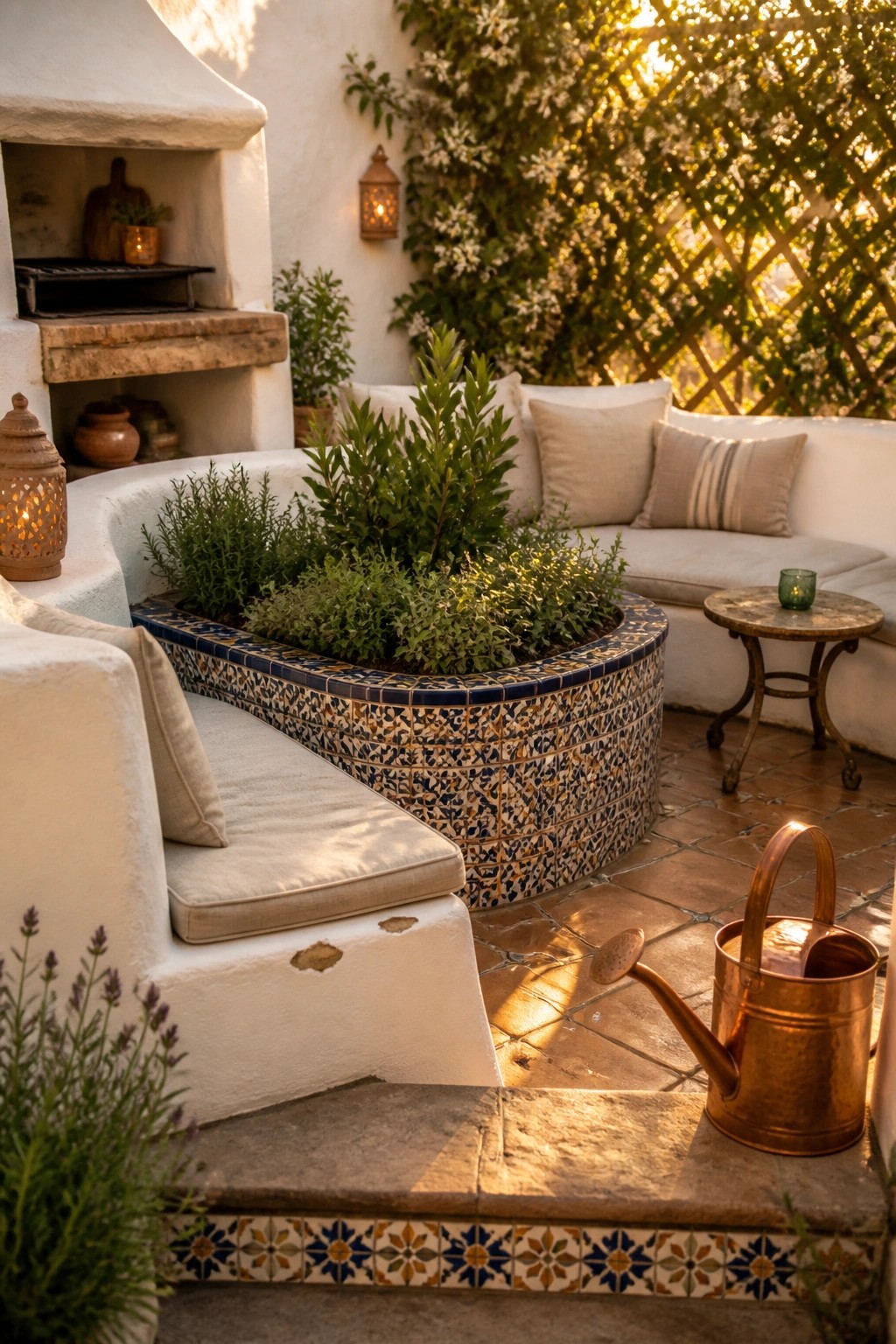 Sunlit patio with curved white benches, mosaic-tiled planter, and copper watering can.