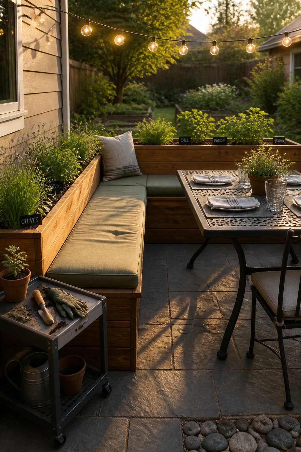 A wooden L-shaped patio bench with green cushions has raised herb planters built along the back edge, next to a metal outdoor dining table on a stone patio.