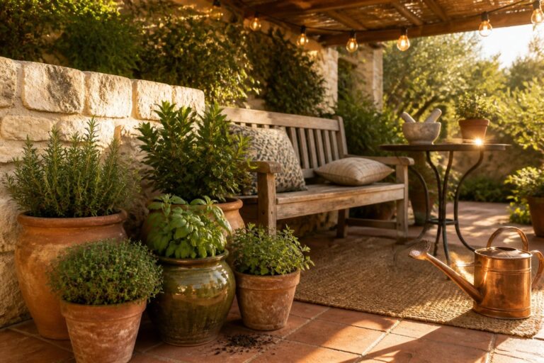 21 Practical Patio Herb Garden Ideas for Fresh Cooking and Easy Pot Access Terracotta herb pots clustered beside a wooden bench on a tiled patio next to a stone wall.