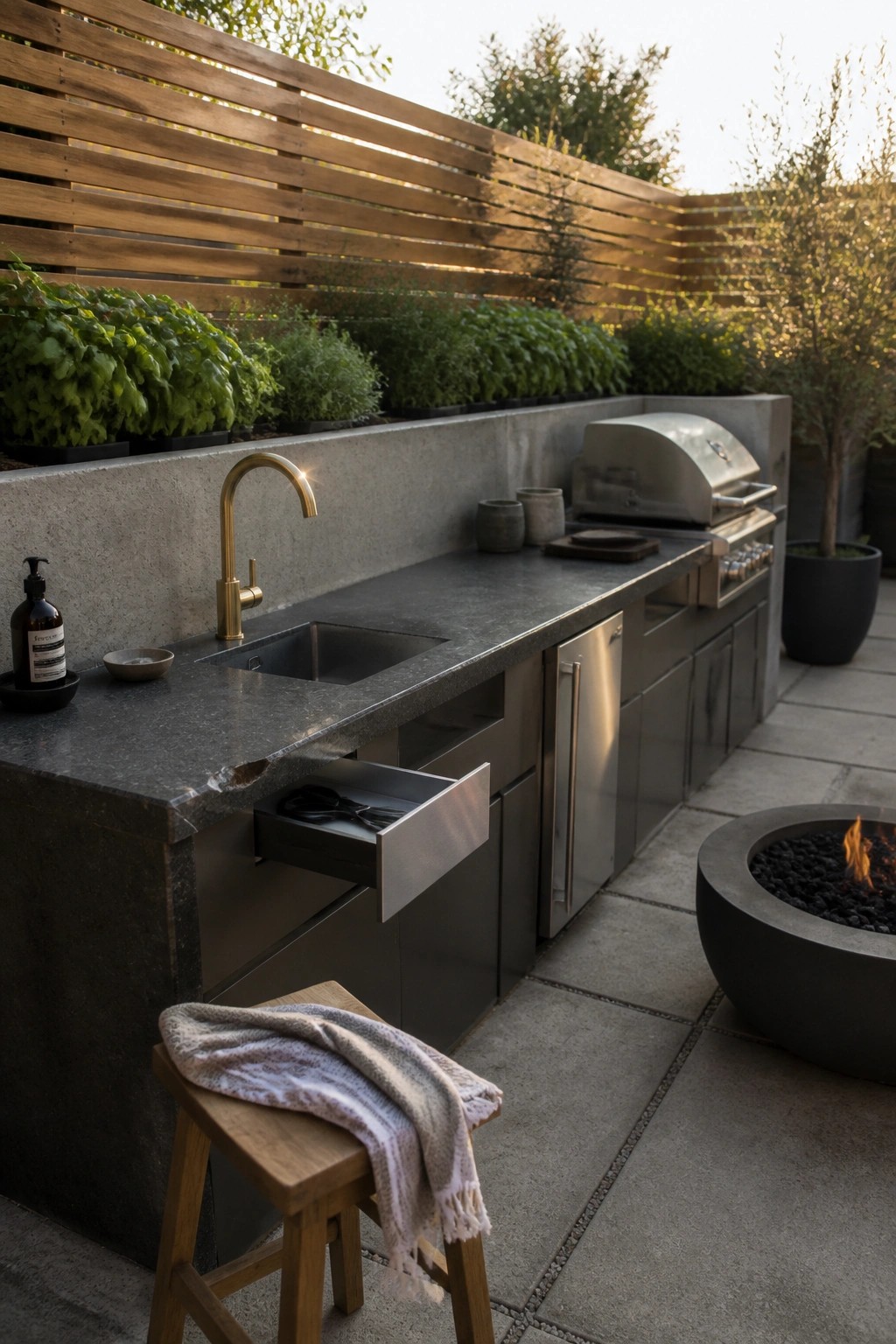 An outdoor kitchen features a dark stone countertop with sink and faucet, stainless steel grill and cabinets, a long concrete planter with herbs along the back, a round fire pit, and a wooden stool in the foreground.