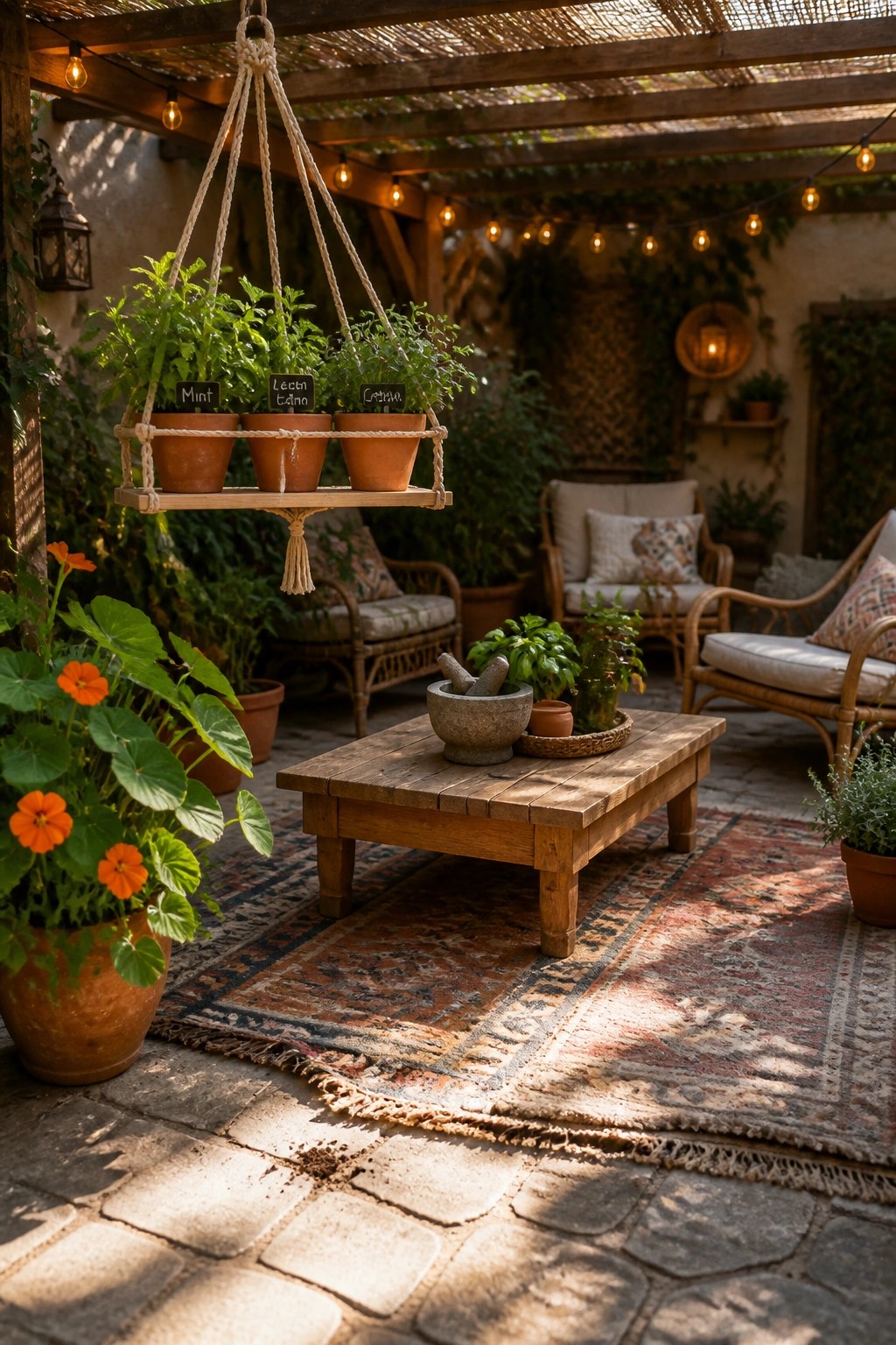 A wooden tray with three labeled herb pots hangs from ropes above a patio table on a patterned rug.