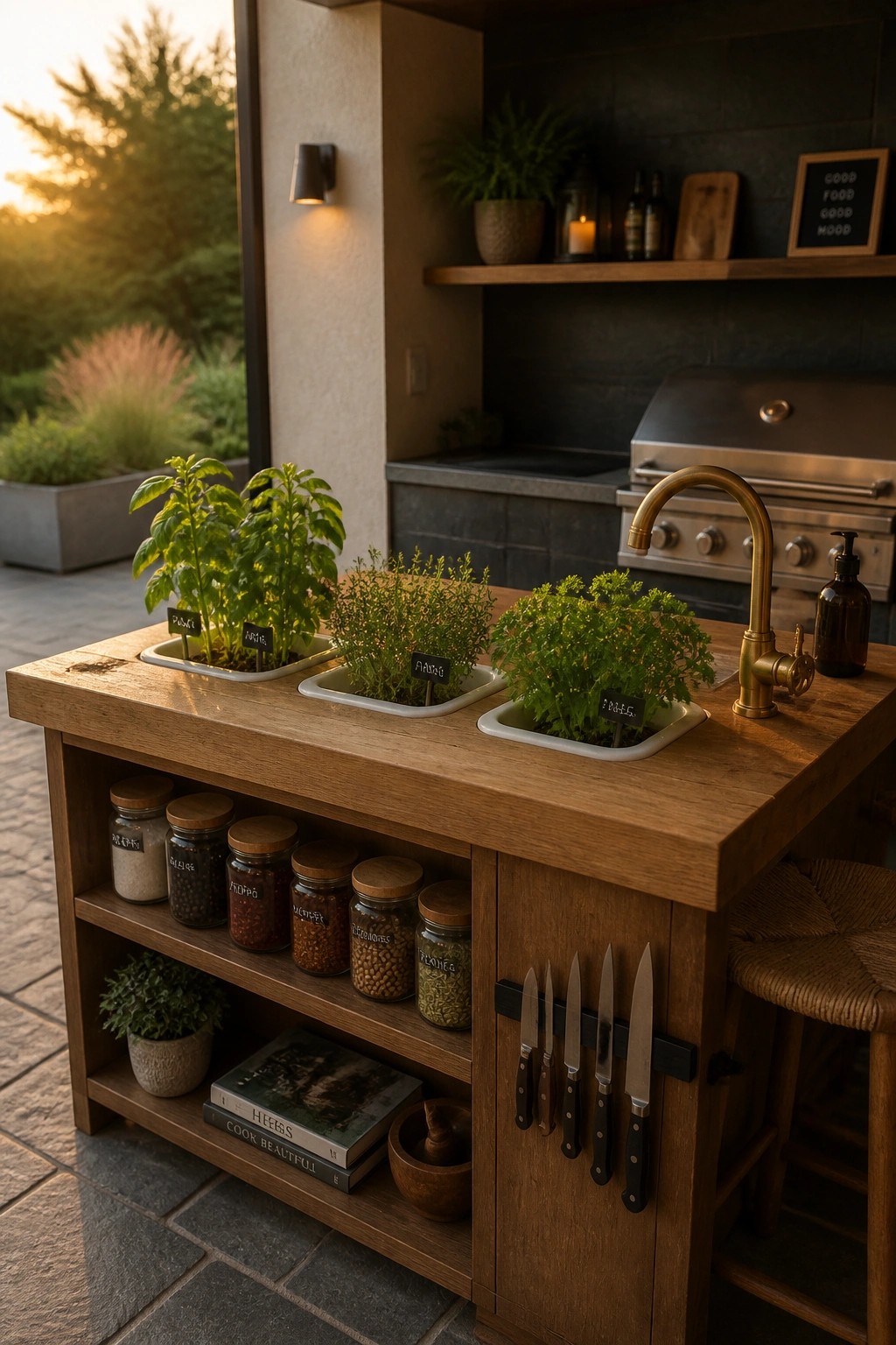 A wooden outdoor kitchen island with three white herb trays set into the countertop, labeled pots of basil, thyme, and parsley, plus storage shelves holding spice jars below.