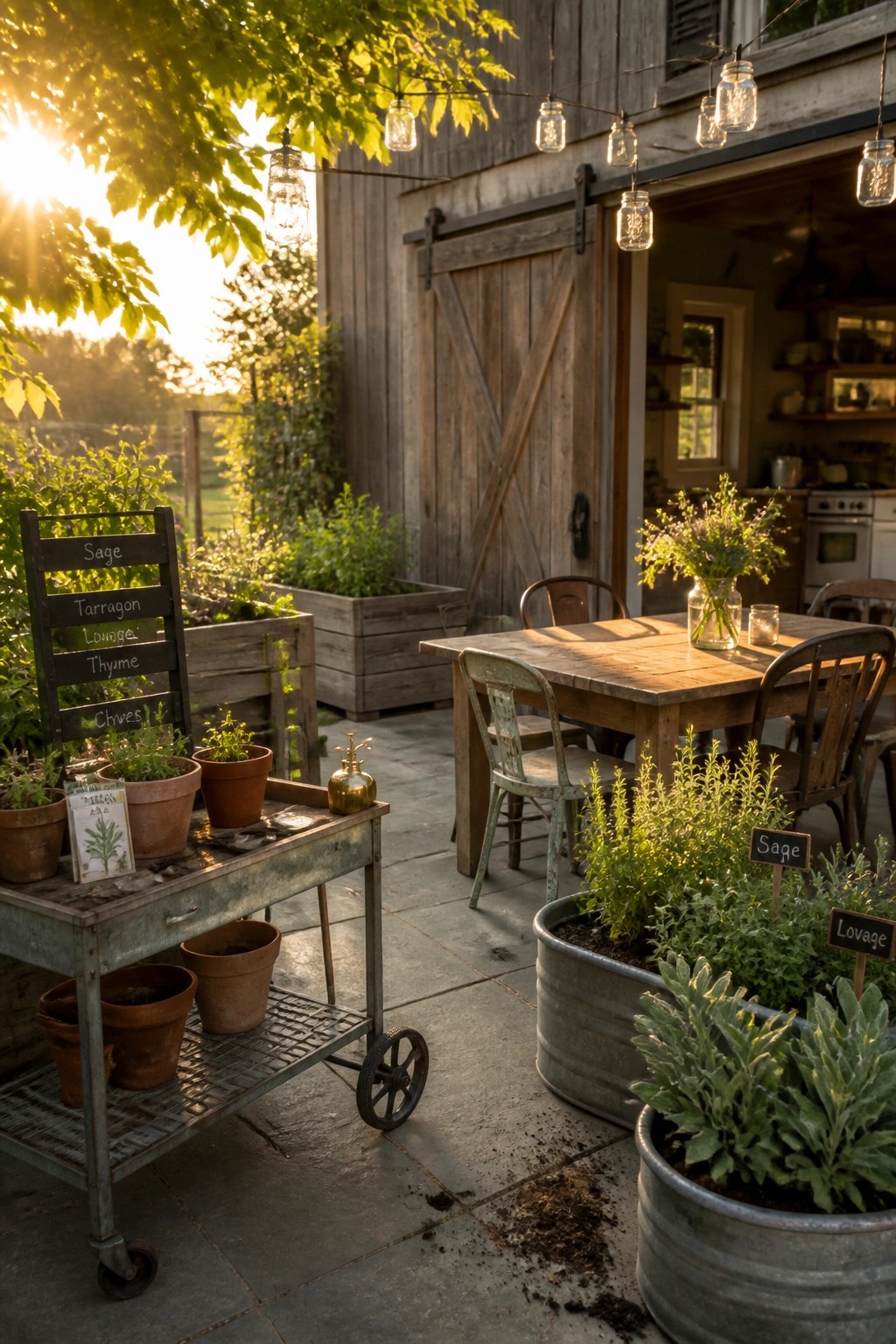 Rustic patio with wooden table, herb-filled pots, and glowing jar lights at sunset