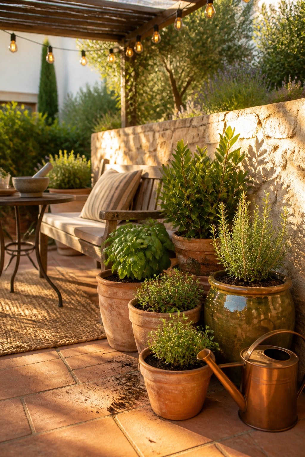 Terracotta herb pots clustered beside a wooden bench on a tiled patio next to a stone wall.
