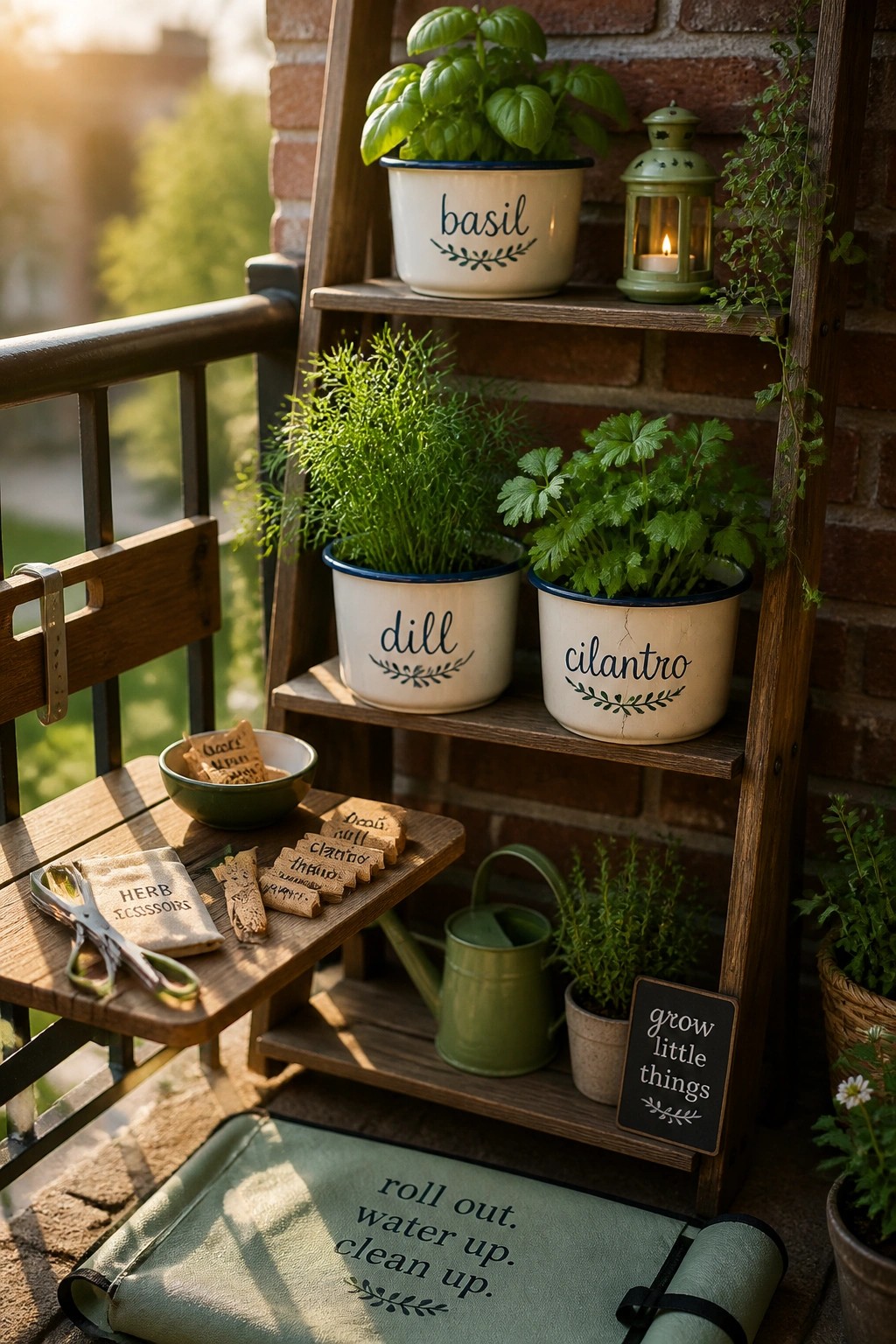 Wooden ladder shelf with potted basil, dill, and cilantro herbs on balcony