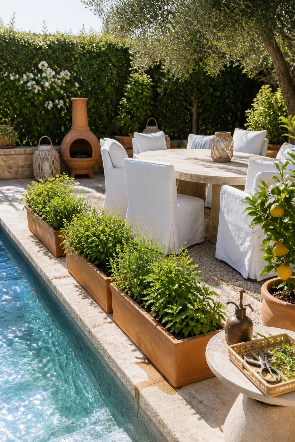 Stone table with white chairs by pool and terracotta herb planters with lemon tree