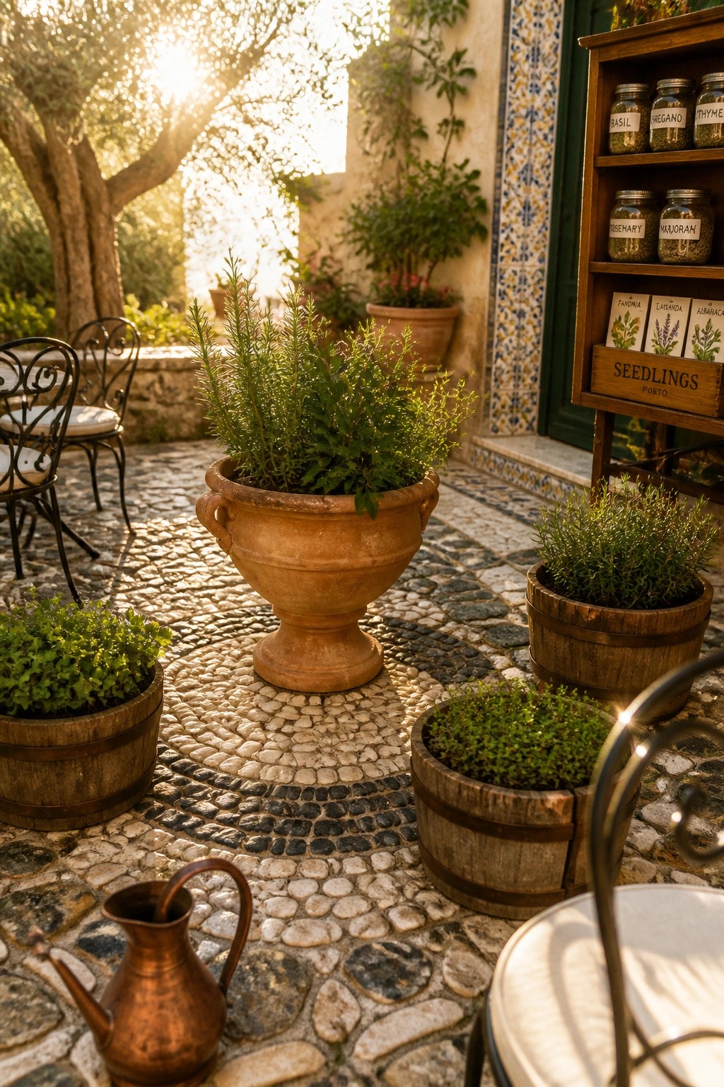 Sunlit cobblestone patio with terracotta urn, wooden herb barrels, and spice rack