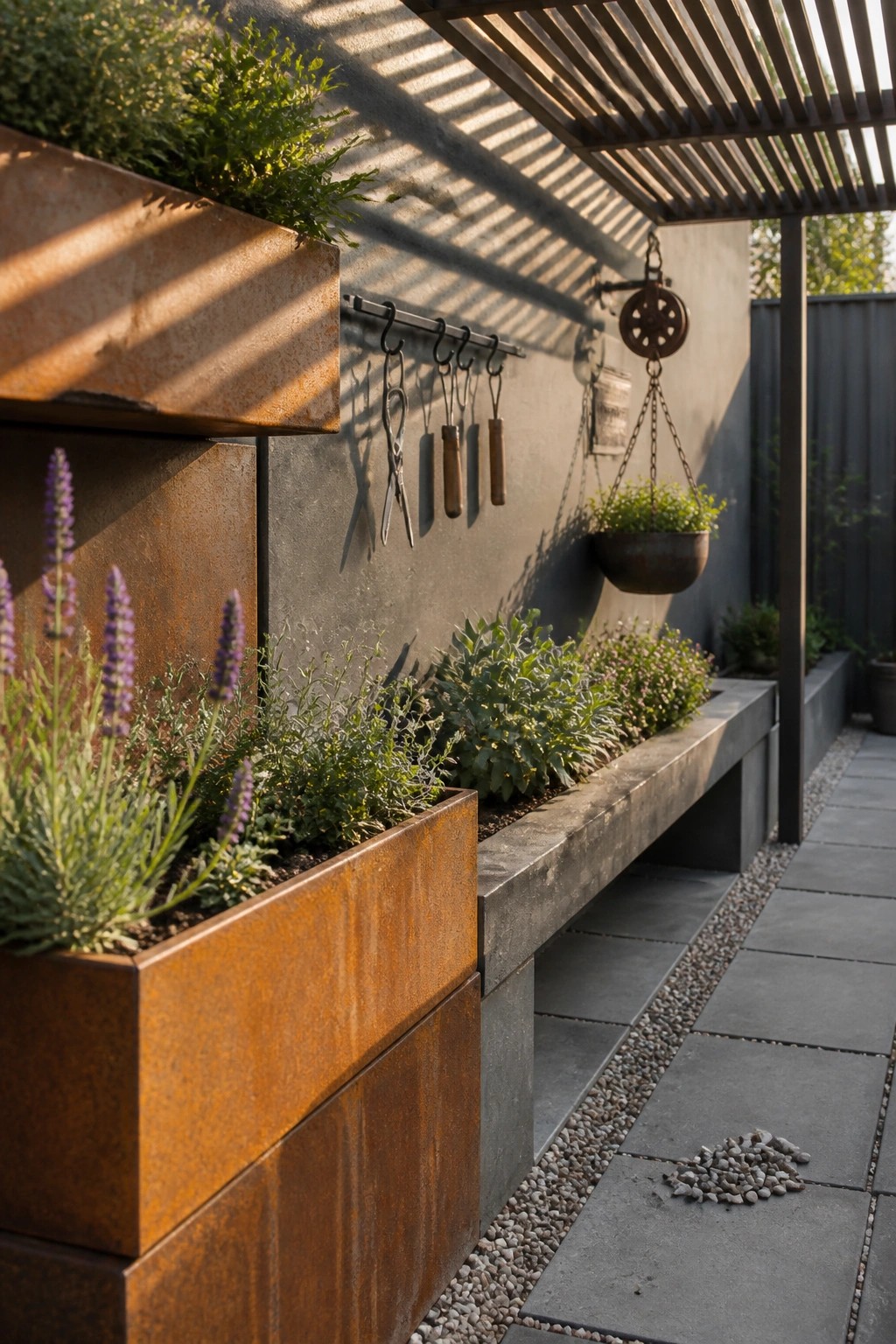 A patio with long rusted metal planters holding lavender and herbs, a concrete bench running alongside them, gardening tools hanging on the wall, and a hanging plant under a slatted pergola.