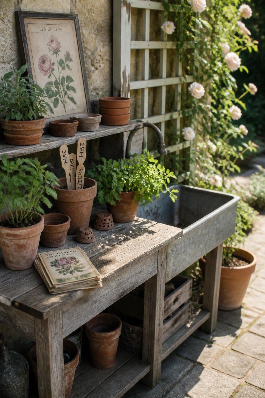 A rustic wooden table with a metal sink holds terracotta herb pots, plant labels, and a vintage garden book, with climbing roses on a stone wall behind it.