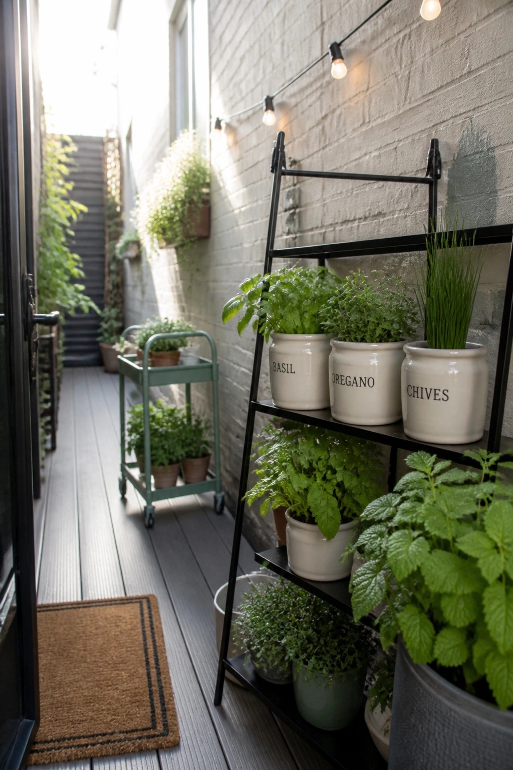 A black metal tiered shelf on a narrow wooden patio holds multiple white ceramic pots with labeled herbs including basil, oregano, and chives, with a green rolling cart and string lights visible against a white brick wall.