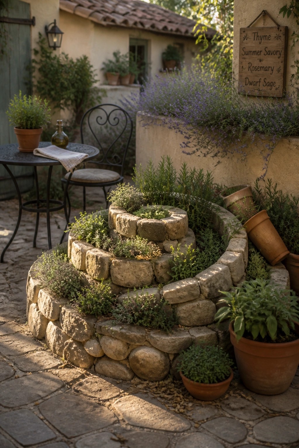 A circular multi-tiered stone planter filled with assorted herbs sits on a cobblestone patio next to a house wall with potted plants and a wooden sign listing herb names.