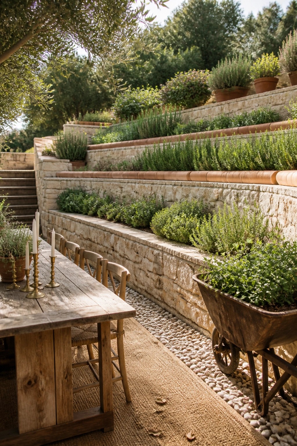 A long wooden dining table with chairs sits on a woven rug beside multi-level stone retaining walls filled with rows of green herbs, and a rusted wheelbarrow with plants rests on the gravel path.