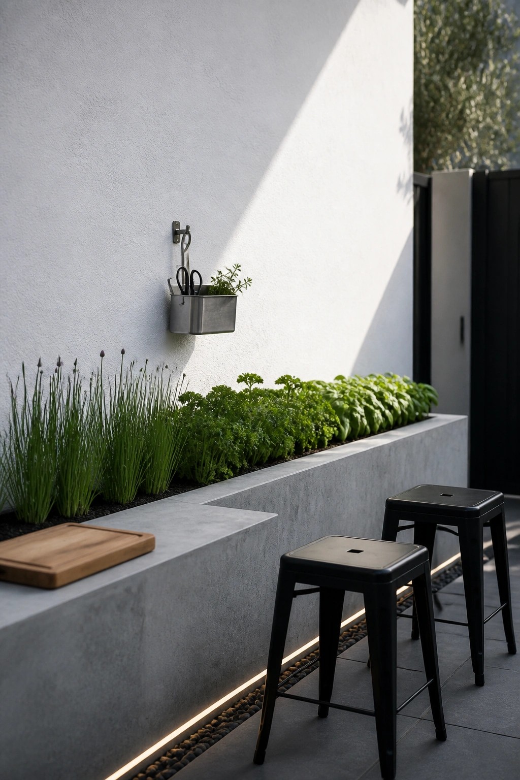A long concrete raised herb bed filled with green herbs runs along a white wall, with two black stools positioned in front and a small metal planter mounted higher on the wall.