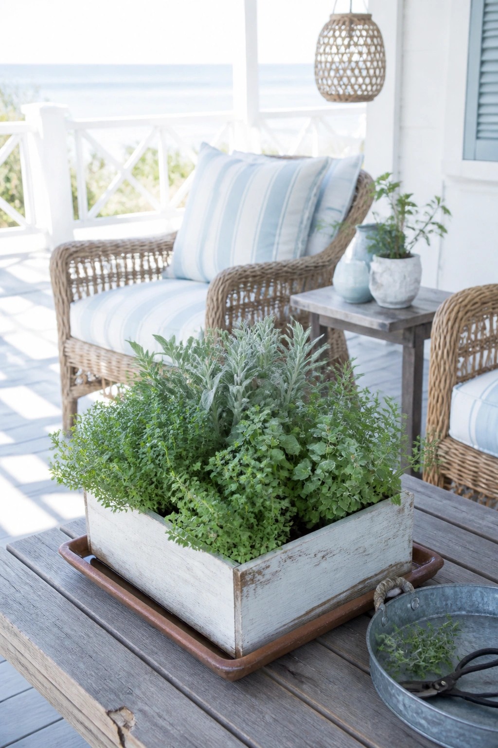 A whitewashed wooden box planter filled with assorted green herbs rests on a weathered wooden patio table beside a metal tray holding pruning shears.