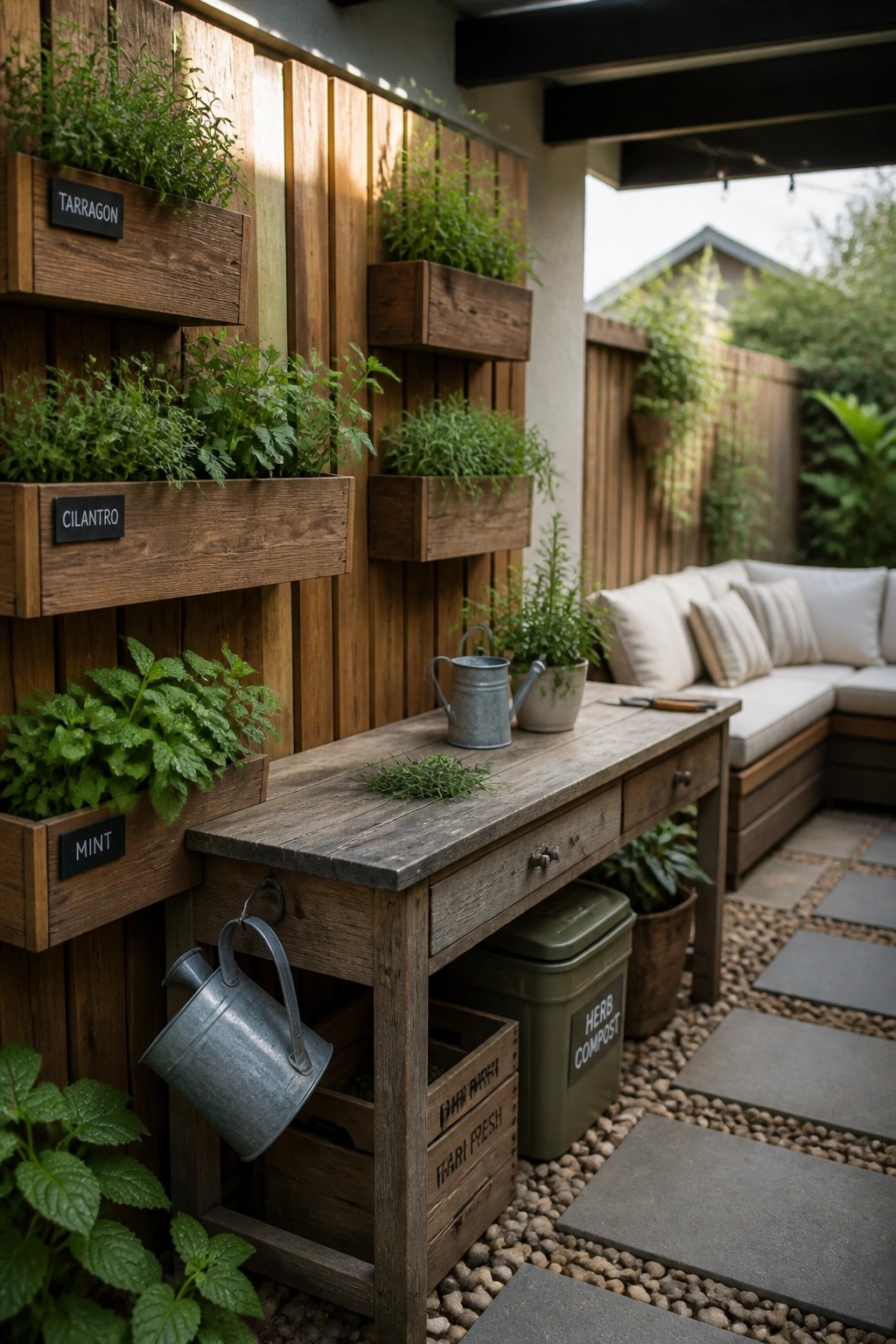 Rustic wooden herb wall with labeled planters beside patio table and sofa