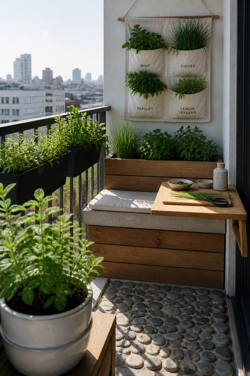Balcony scene showing a wall-mounted fabric herb organizer with four labeled pockets, wooden planters on a bench, and several potted herbs near a pebble floor.