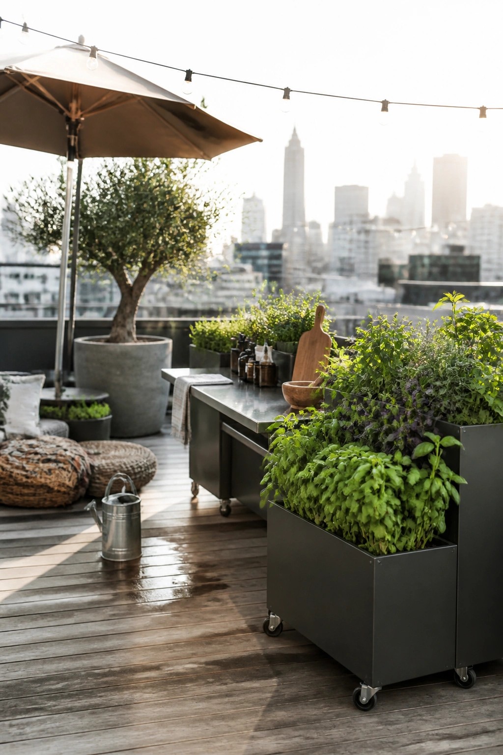Rooftop patio with dark rectangular metal herb planters on wheels next to a stainless steel counter under a large umbrella.