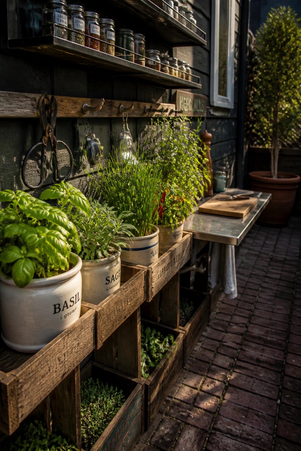 A patio herb garden featuring potted herbs in wooden crates, with additional crates and pots arranged below a wall-mounted shelf holding glass jars.