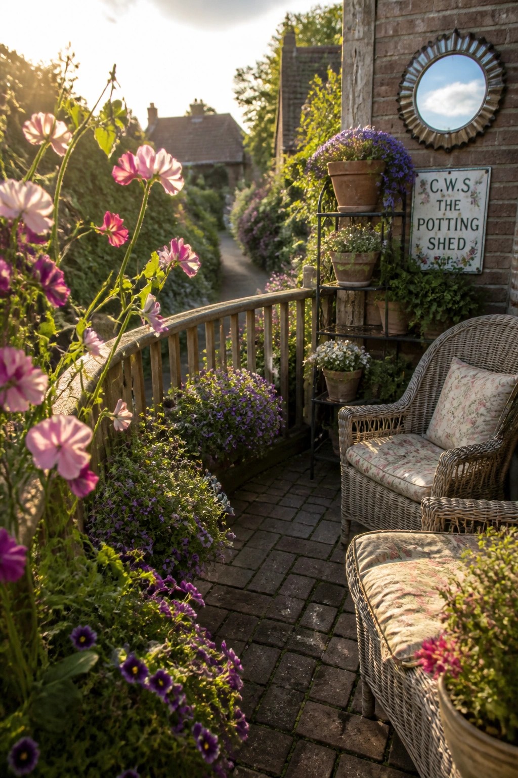 Cozy brick patio with wicker chair, colorful potted flowers, and garden sign