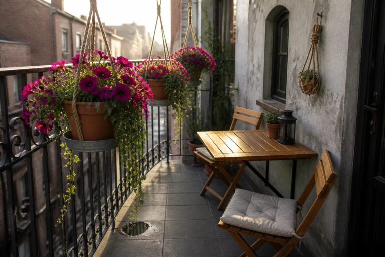 20 Pretty Balcony Railing Garden Ideas That Feature Hanging Planters and Cascading Flowers A small balcony with wooden folding chairs and a table beside a black metal railing lined with hanging terracotta pots of purple flowers and trailing vines.