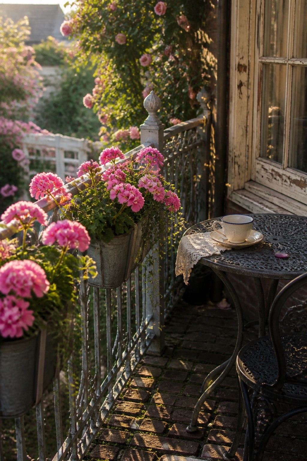 Pink geraniums in buckets on railing beside teacup on vintage balcony table