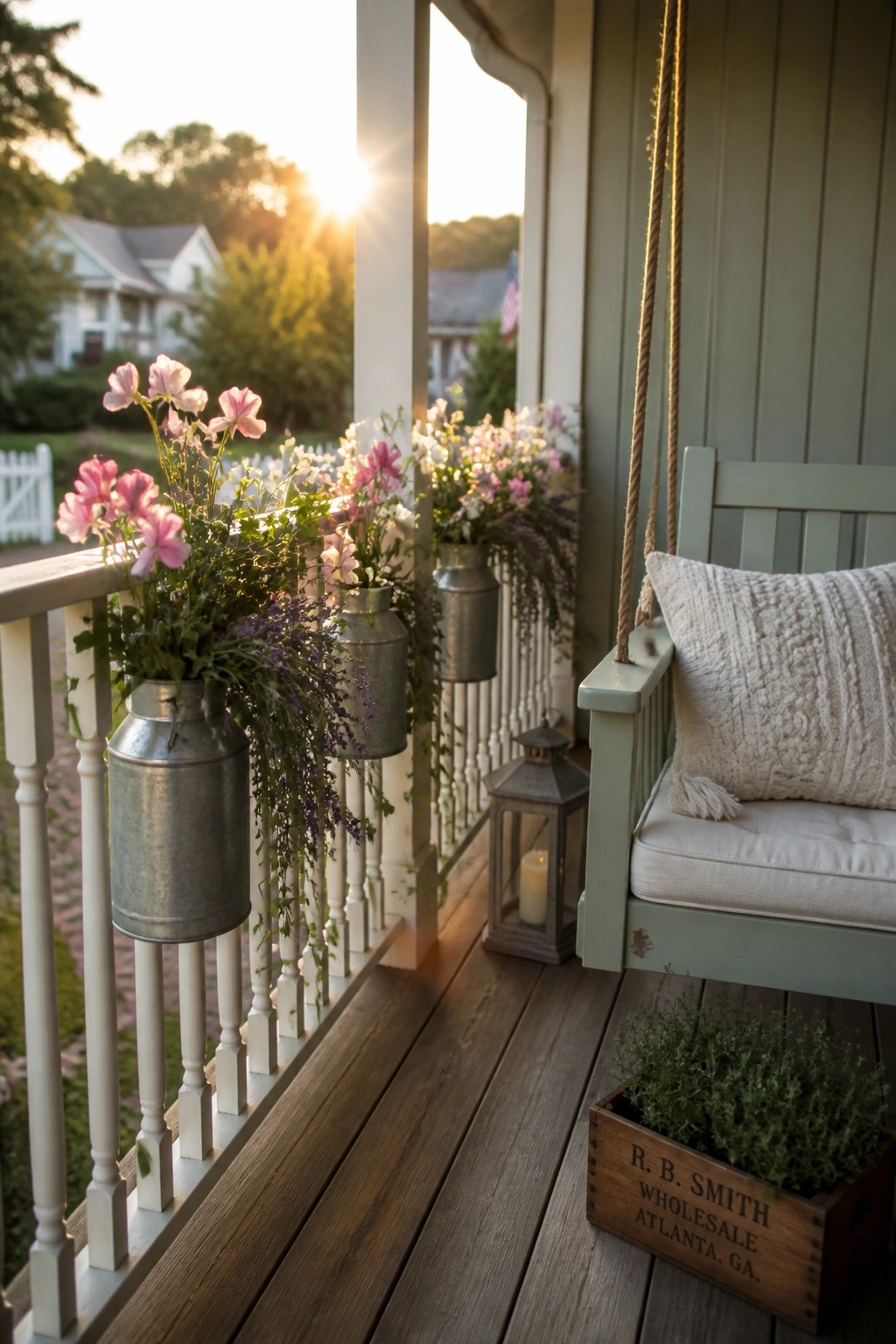 A porch with a hanging swing chair and pink and purple flowers in metal buckets attached to the white railing.