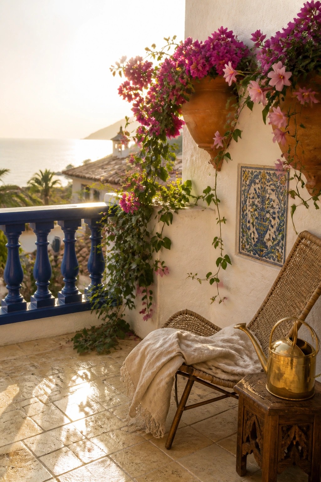 A sunny balcony with a blue railing features terracotta hanging planters with cascading pink and purple flowers, a woven chair with a blanket, and a brass watering can on a wooden stool.