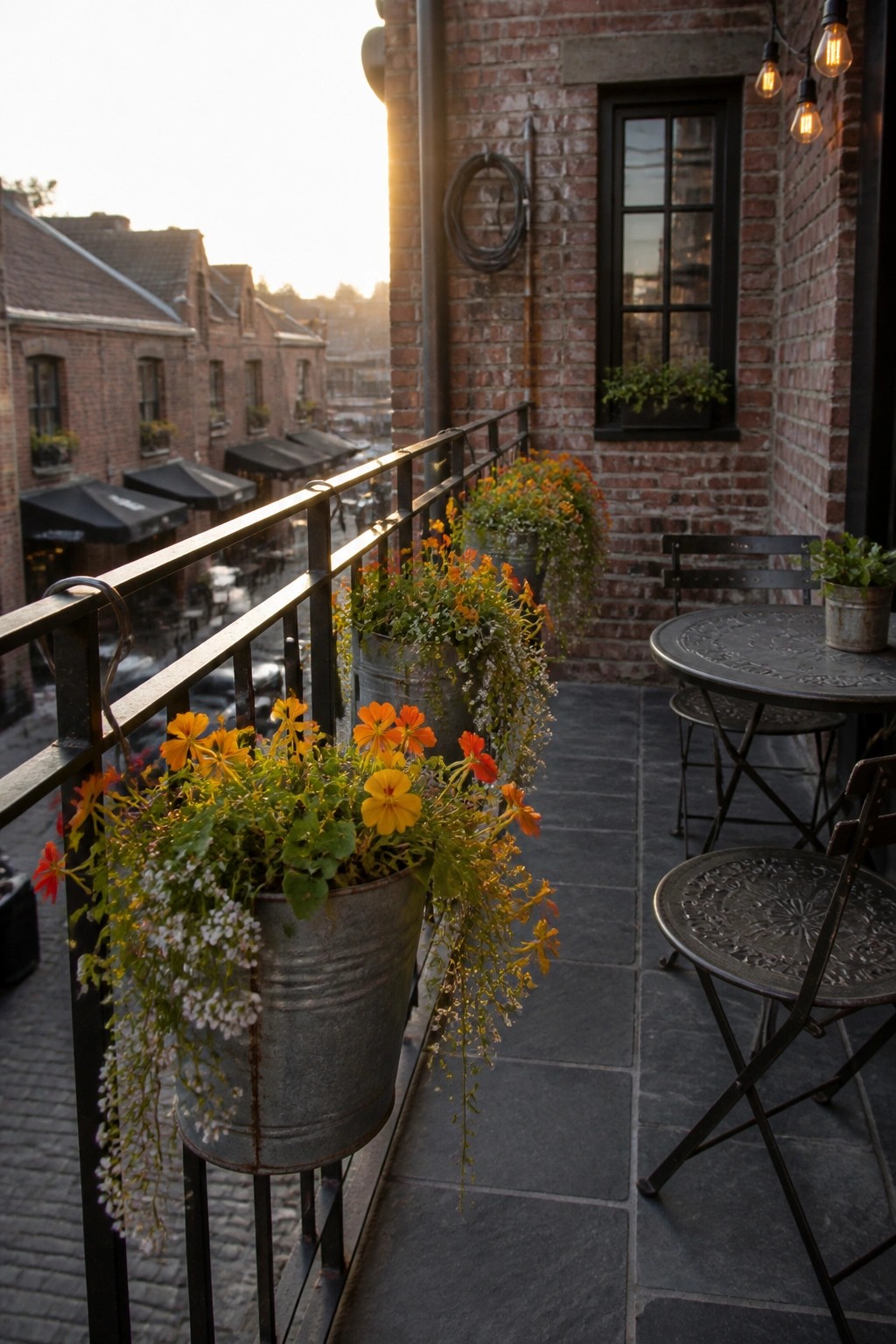 A balcony scene with multiple metal hanging planters filled with orange and white flowers attached to a black metal railing, next to a round metal table and chairs on a stone floor.