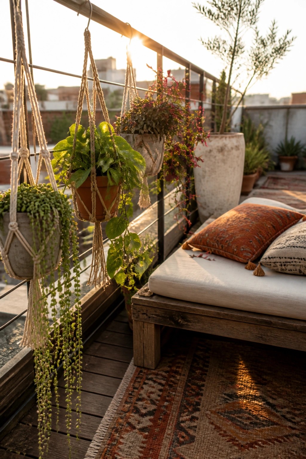 A wooden balcony with multiple macrame hanging planters attached to the metal railing, holding green and trailing plants beside a cushioned daybed with pillows.