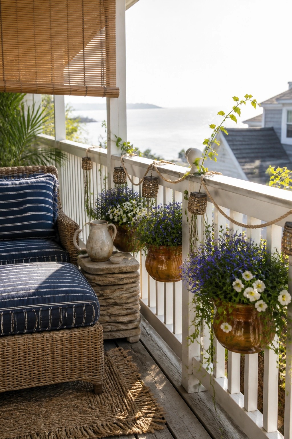 A balcony with wicker seating and multiple hanging terracotta planters filled with blue and white flowers attached along a white railing.