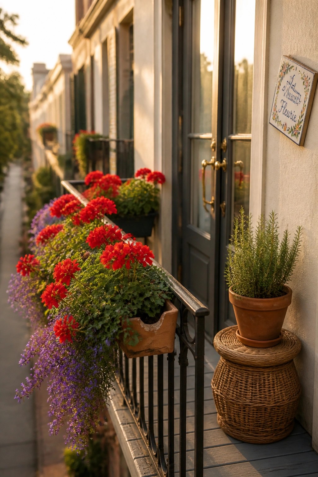 A balcony railing lined with terracotta planters holding red flowers and purple trailing plants, beside a dark door and a potted green plant on a woven stool.