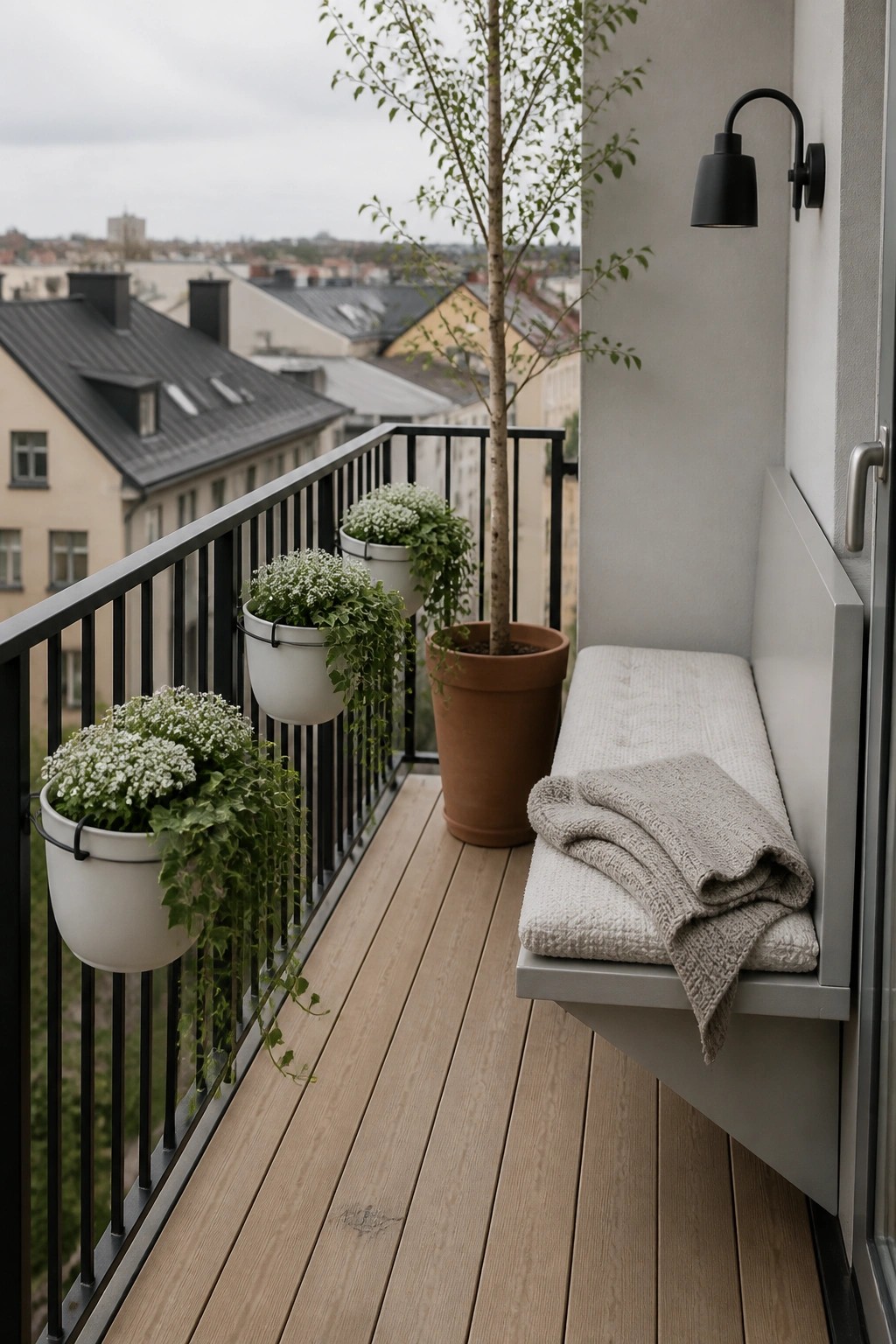 Balcony with wooden deck, hanging plants on railing, cushioned bench, and city view