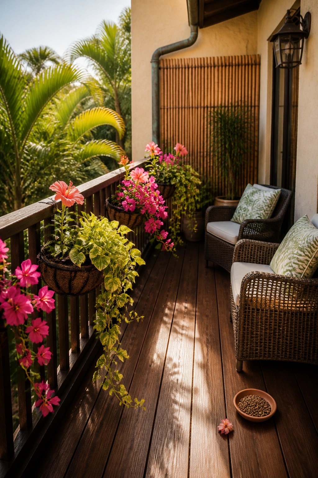 A wooden balcony with dark railing holding multiple hanging baskets of pink and green trailing flowers, wicker chairs on the deck, and tropical plants in the background.