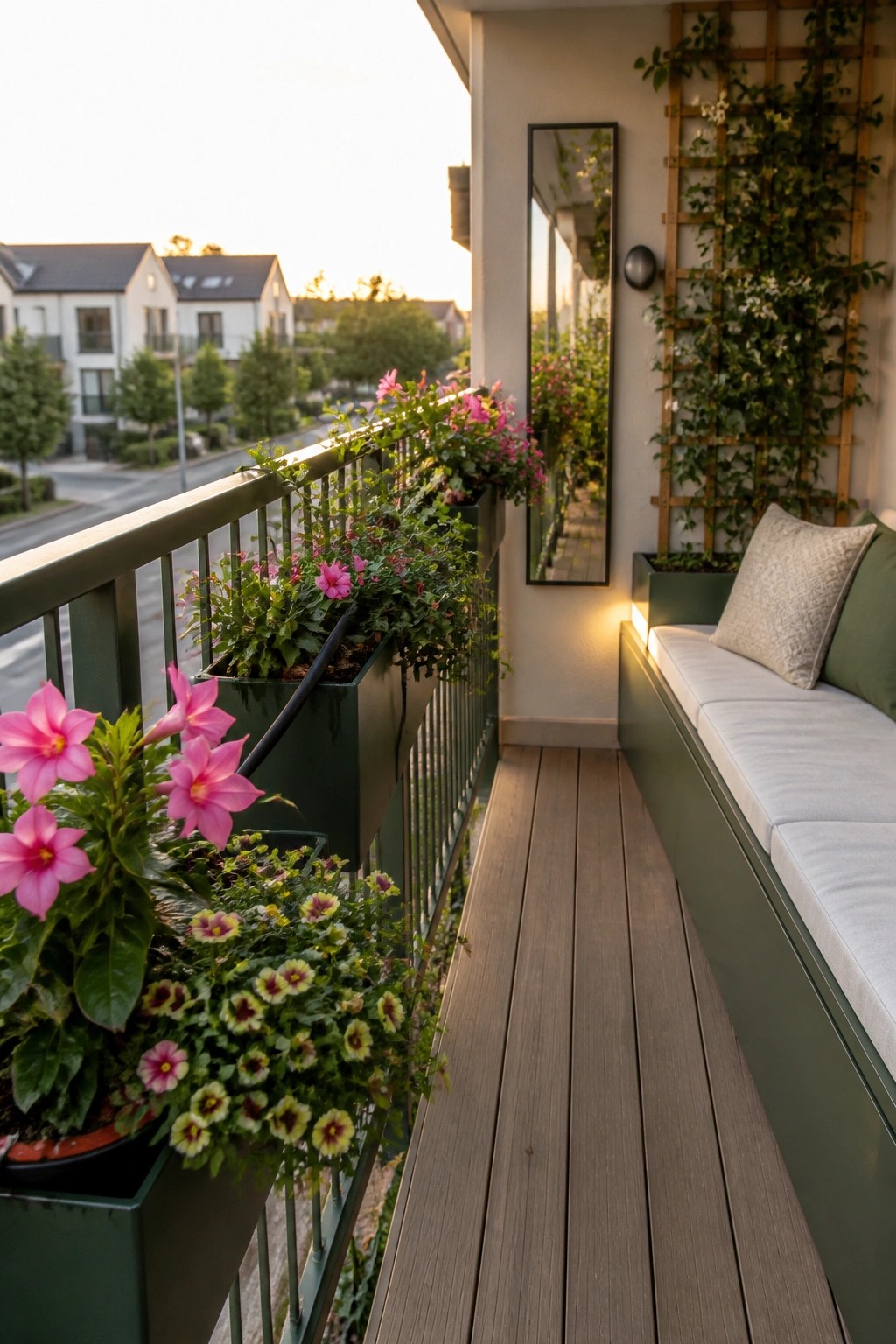 A balcony with a long built-in bench, wooden flooring, and green planters mounted along the railing filled with pink and yellow cascading flowers.