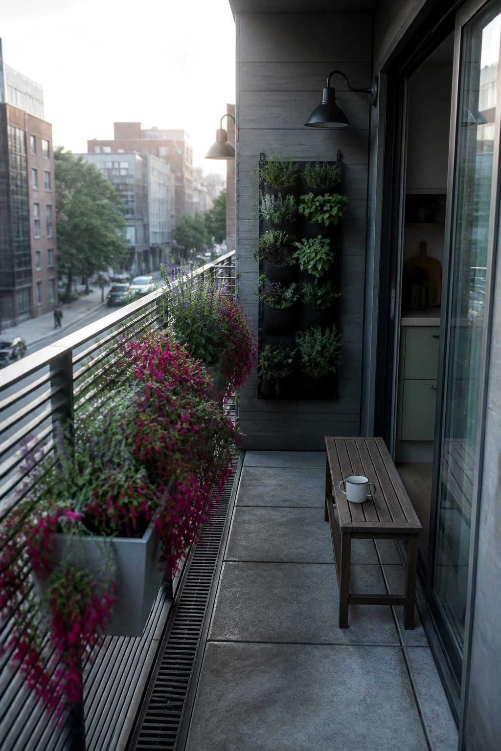 A city balcony with gray concrete floor, wooden bench holding a white mug, vertical fabric wall planter, and long railing planters filled with cascading pink and purple flowers.