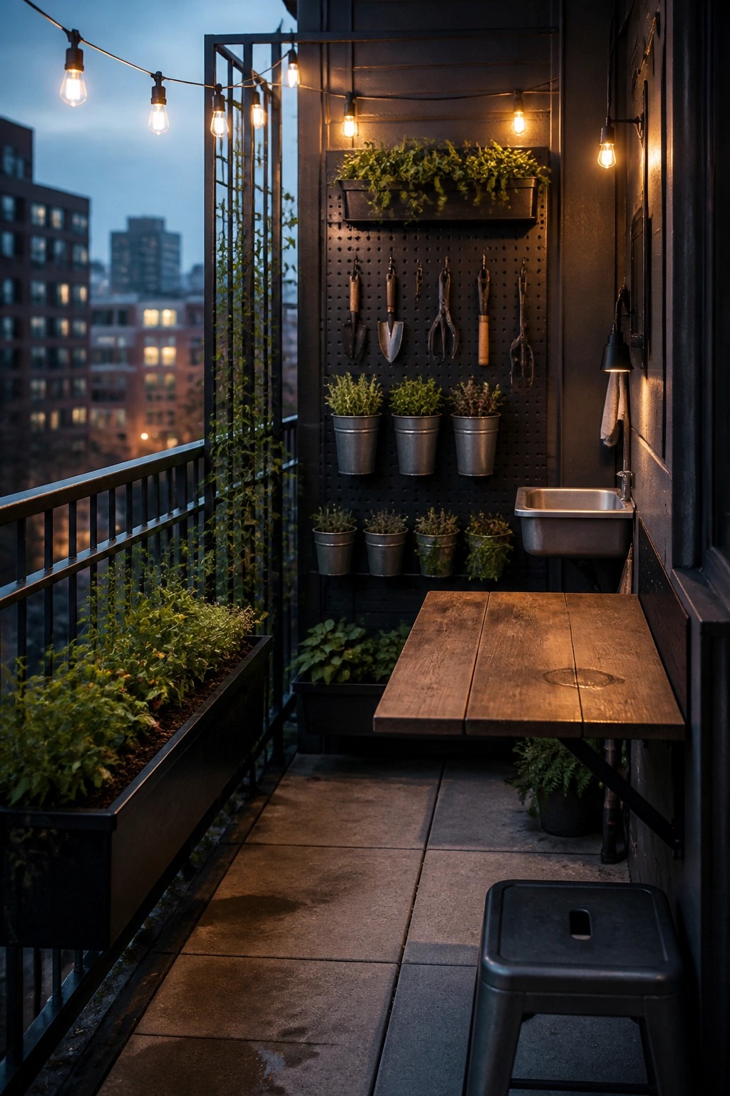 A narrow balcony at dusk with a black pegboard on the back wall holding gardening tools above rows of metal pots, a wooden drop-leaf table, and string lights overhead.