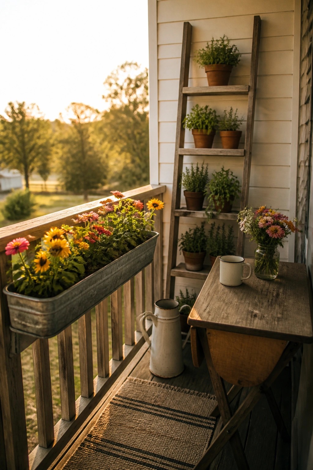 A wooden ladder shelf with multiple potted plants stands on a small balcony beside a metal railing planter and a folding wooden table.