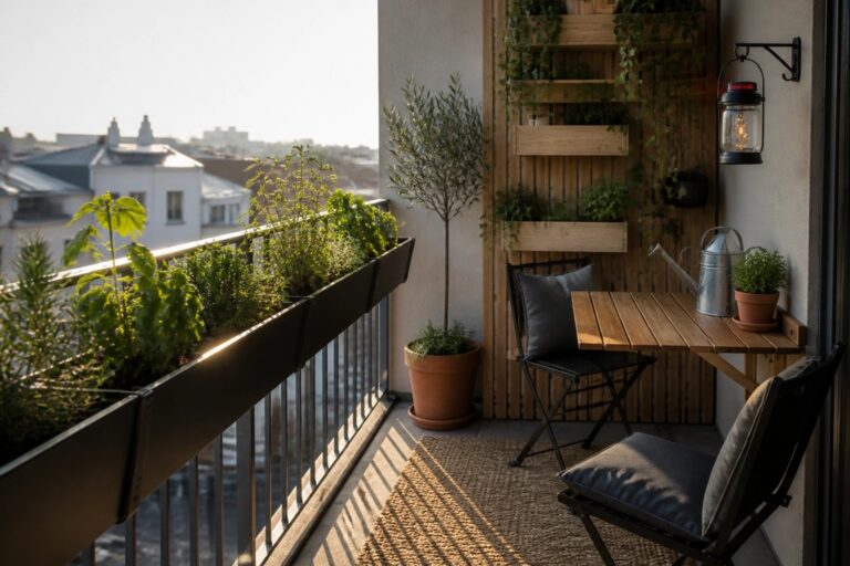 20 Smart Small Balcony Garden Ideas for Slim Planters and Vertical Storage A small balcony features wooden crate shelves mounted vertically on the wall holding multiple potted plants, with a folding wooden table, stool, and watering can nearby.
