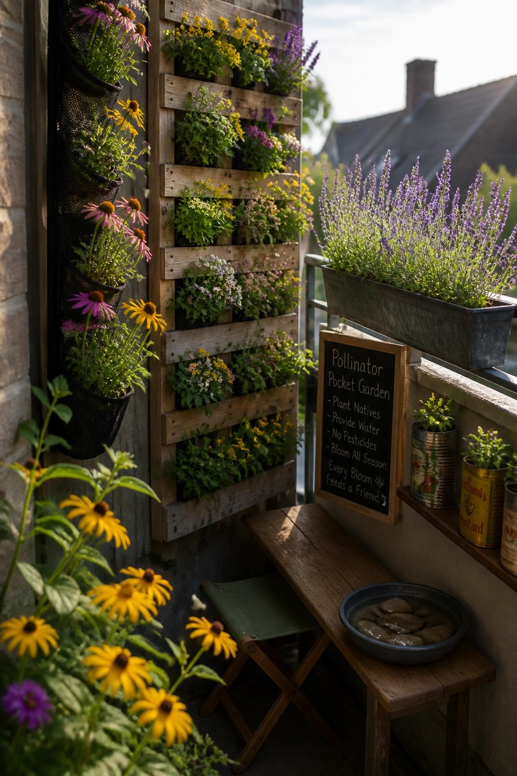 A wooden pallet vertical garden mounted on a balcony wall holds rows of flowering plants, with a long metal trough planter on the railing and a small wooden bench nearby.