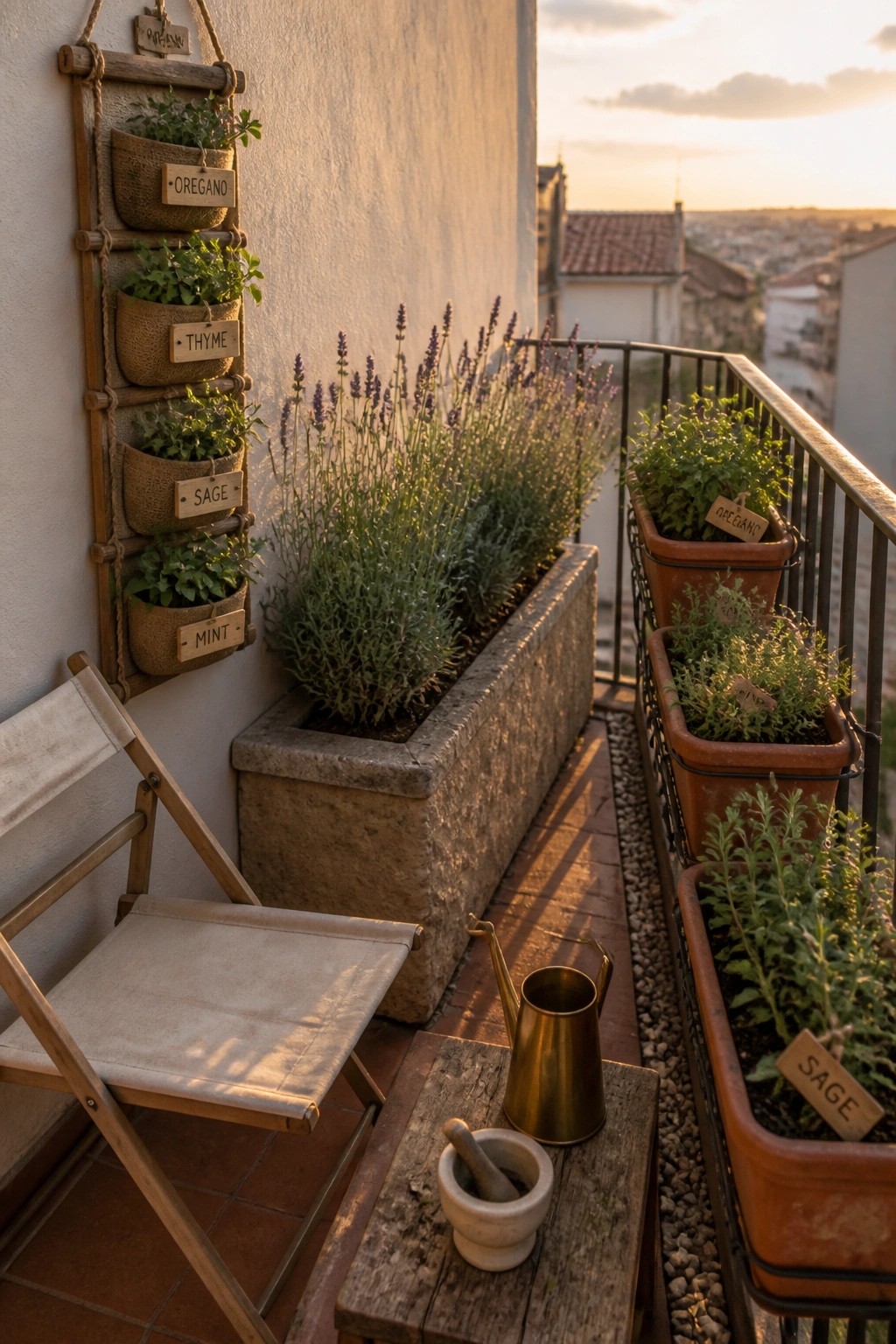 A small balcony features a vertical wooden rack with four labeled burlap herb planters mounted on a white wall, a long stone trough filled with lavender, several terracotta pots on a black railing, a folding canvas chair, and a brass watering can with a mortar and pestle on a wooden table.