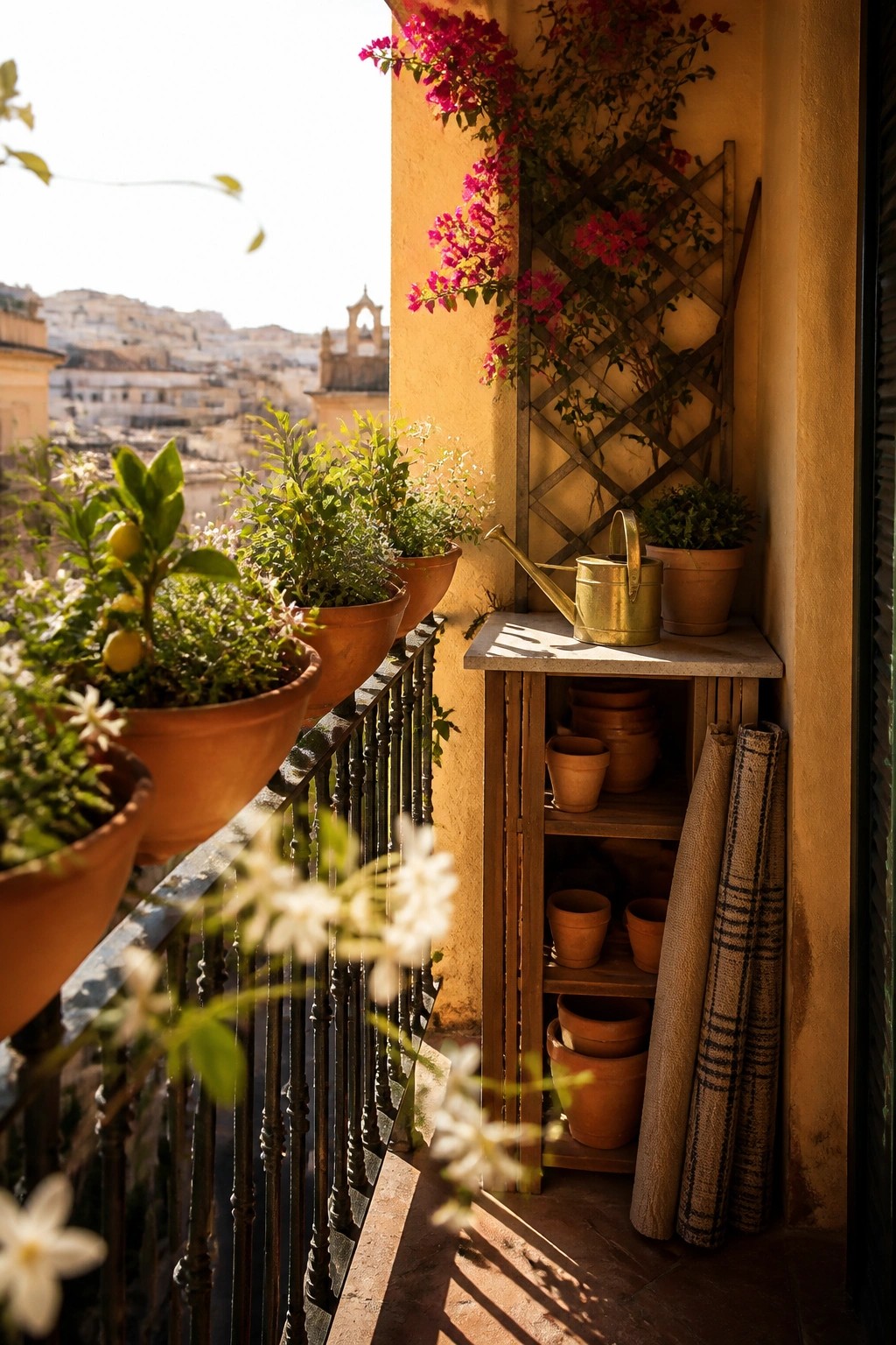 A small balcony with a wooden storage cabinet holding stacked terracotta pots, a watering can on top, and climbing flowers on a trellis beside it.