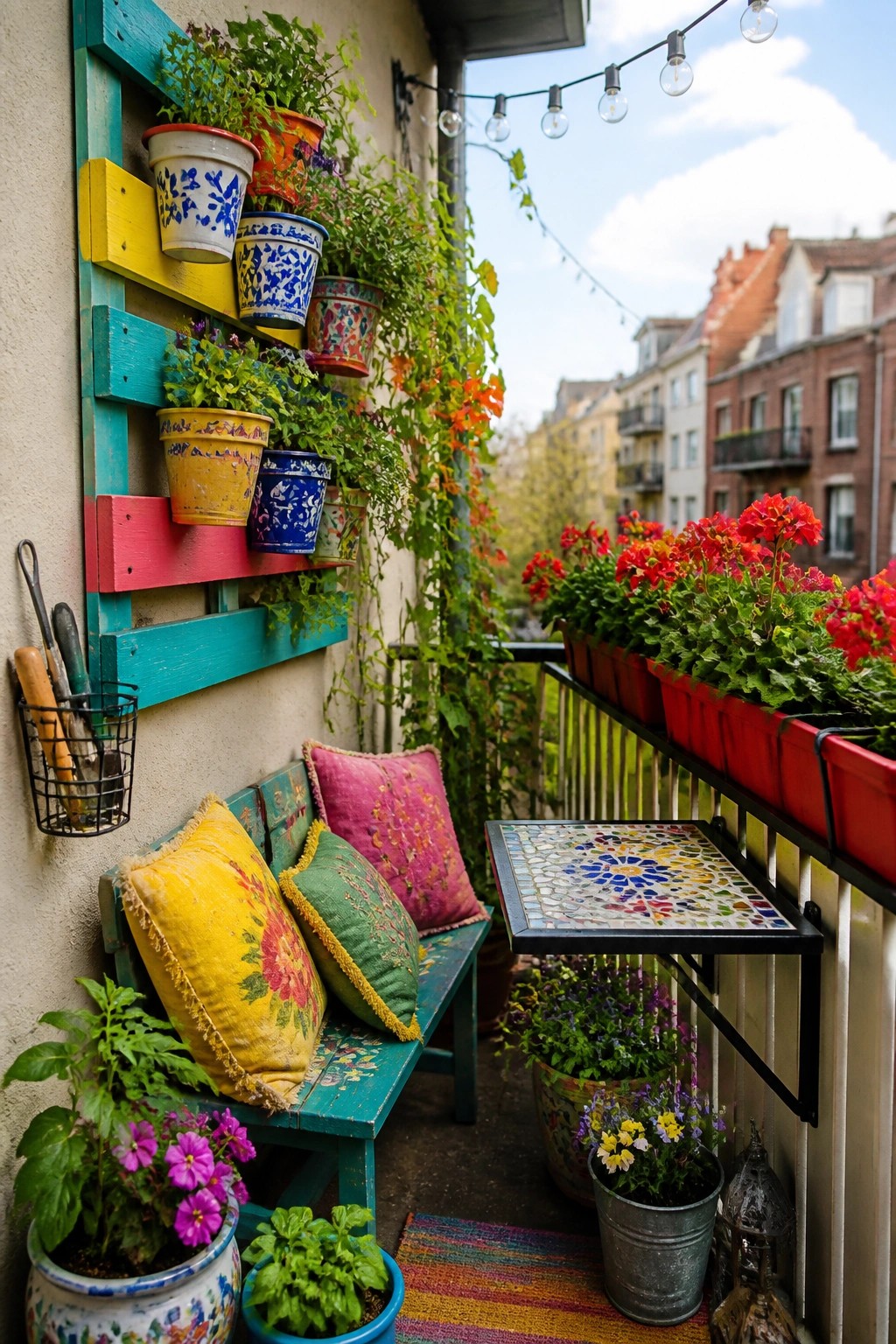 Colorful balcony with turquoise bench, vibrant pillows, potted flowers, and string lights.