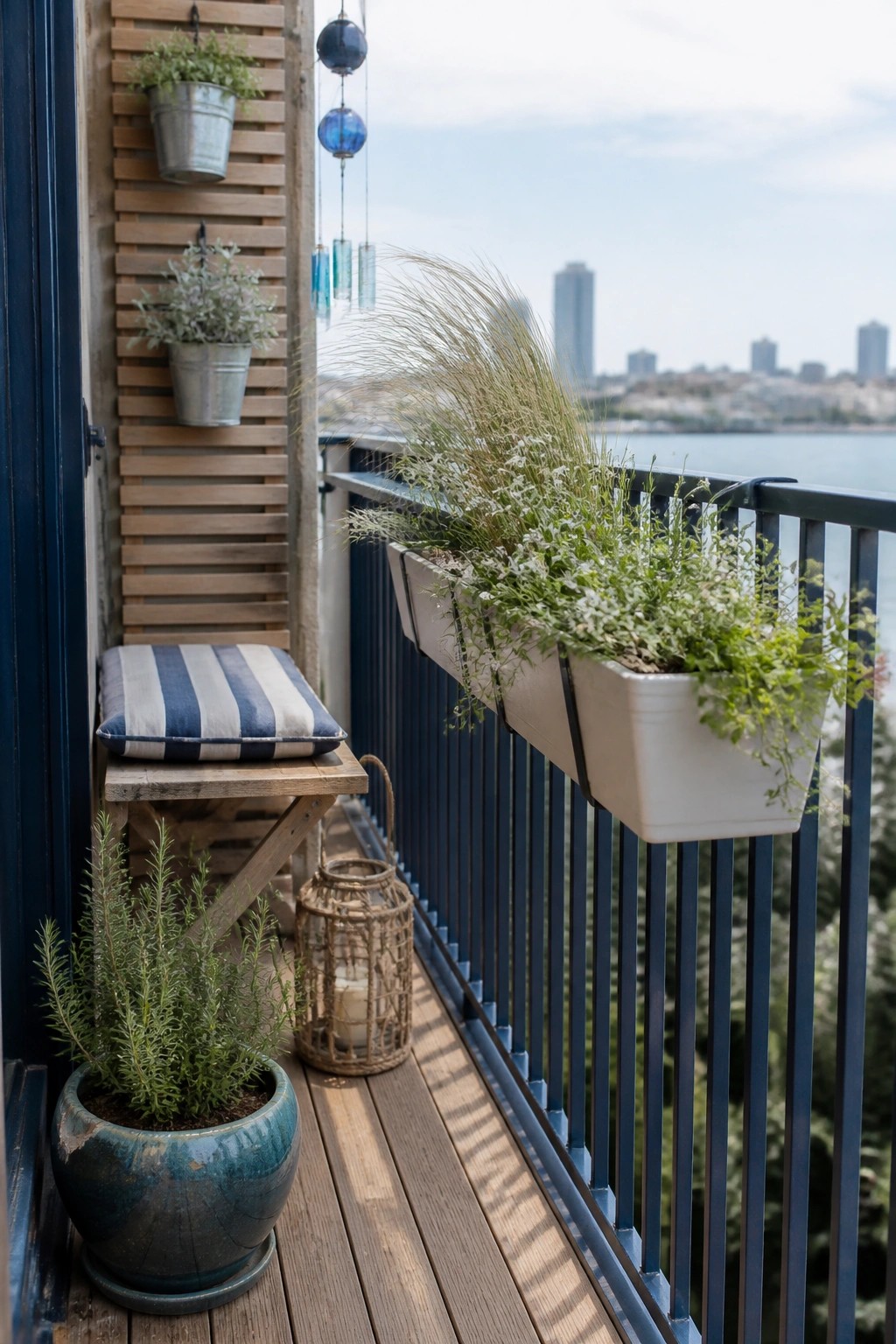 A small balcony with a wooden floor shows white rectangular planters mounted on a blue metal railing, filled with green plants and white flowers, next to a striped cushion on a wooden bench.