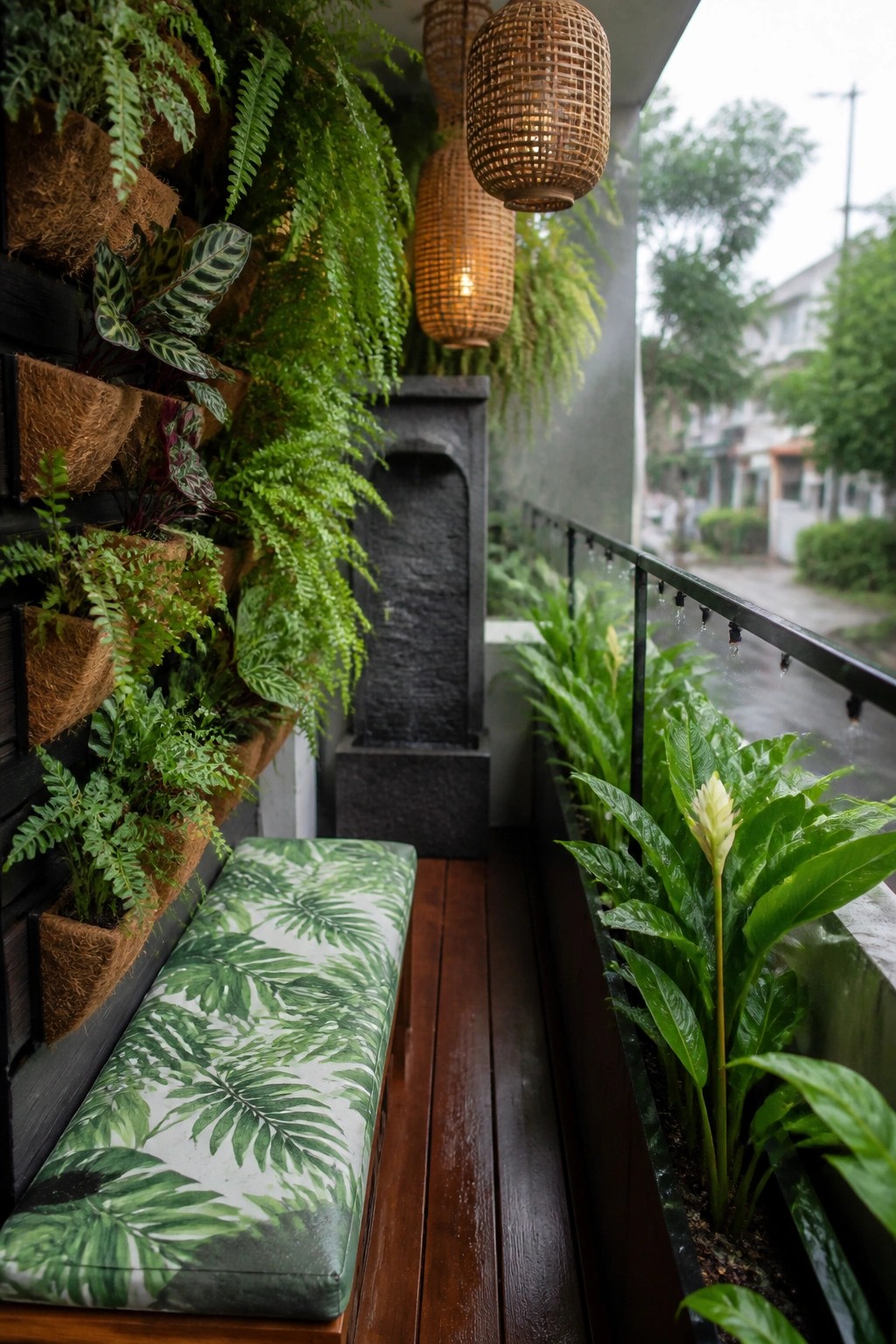 Rainy balcony with vertical garden, leaf-print bench, stone fountain, and hanging lanterns.