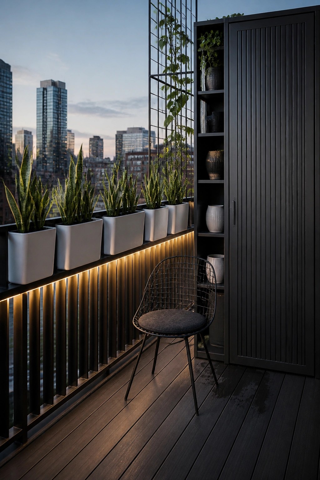 Modern balcony with snake plants, wire chair, black cabinet, and glowing city skyline at dusk