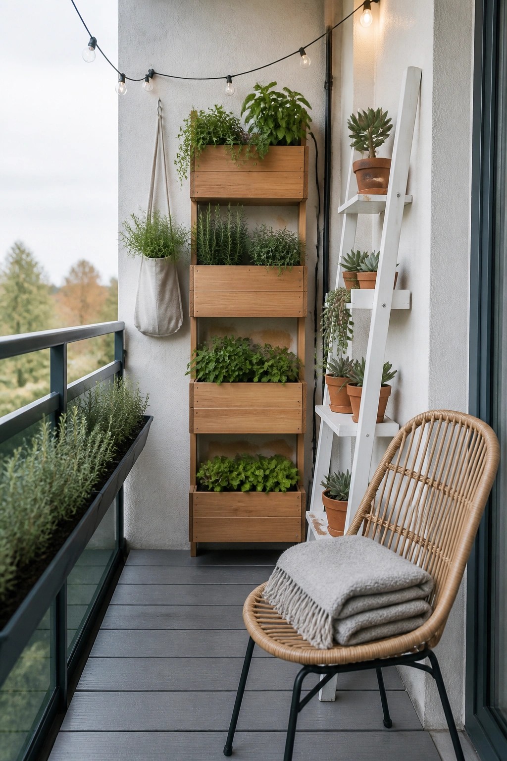 A small balcony with a tall stack of wooden planter boxes filled with herbs and greens, a white ladder shelf holding potted succulents, and a woven chair with a folded blanket.