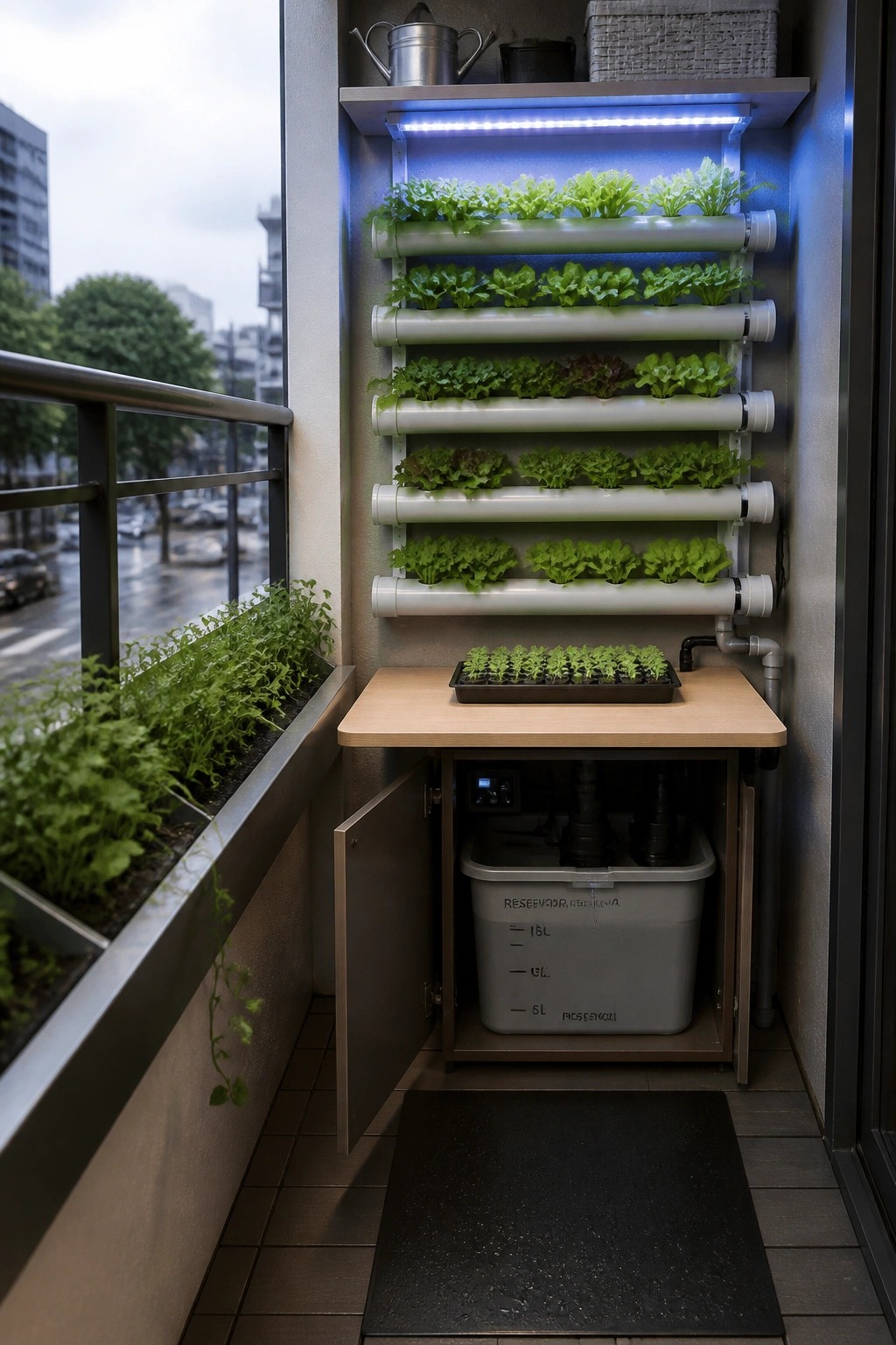 A narrow balcony shows a vertical wall system of white horizontal pipes growing leafy greens under blue LED lights, with a wooden counter holding a tray of seedlings and an open cabinet revealing a water reservoir below.