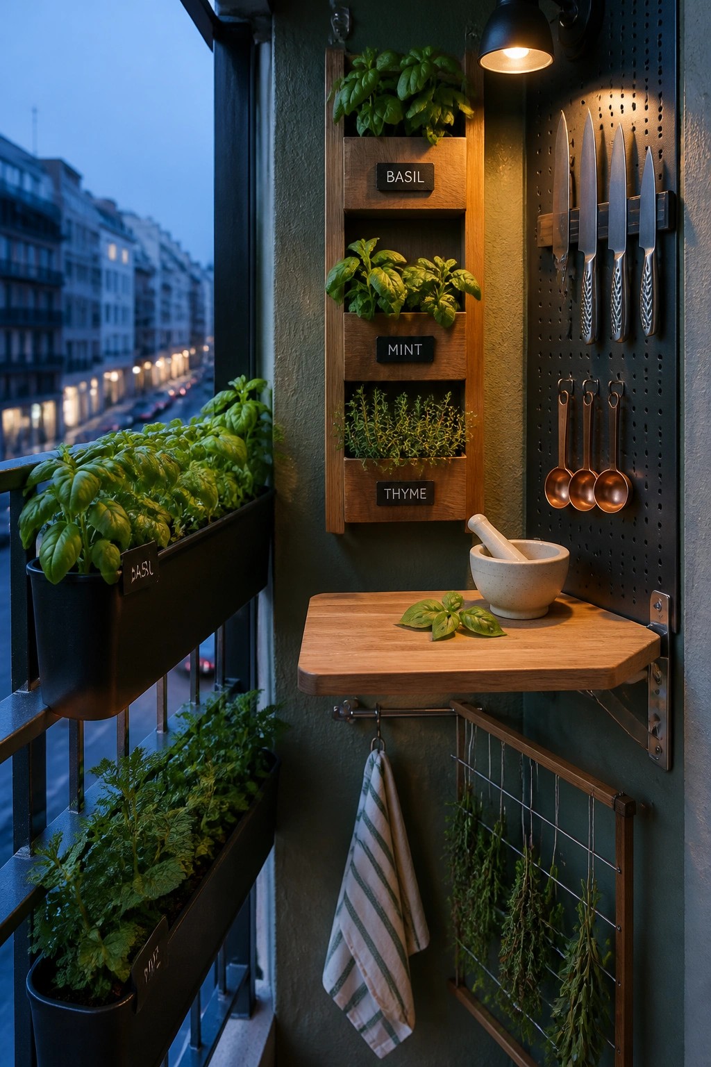 A small balcony shows a wooden vertical herb planter mounted on a green wall with labeled sections for basil, mint, and thyme, next to a metal pegboard holding knives and spoons, a fold-down wooden table, and black railing planters with additional herbs.